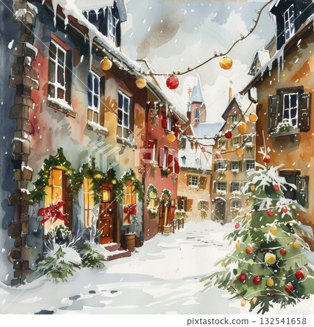 Winter street scene with colorful buildings, snow, and festive decorations in a charming village 132541658