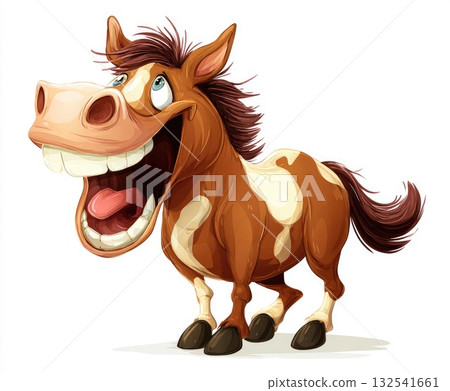 Happy cartoon horse with a big smile and playful expression in a vibrant illustration style 132541661
