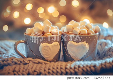 Cozy mugs filled with marshmallows surrounded by warm lights and soft knitted blanket Cozy mugs filled with marshmallows surrounded by warm lights and soft knitted blanket 132541663