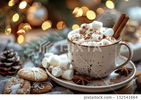 Hot chocolate with marshmallows and cinnamon sticks on a cozy holiday table setting 132541664