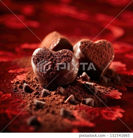 Heart-shaped chocolate truffles dusted with cocoa powder on a vibrant red background 132541665
