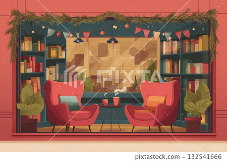Cozy illustration of a warm reading nook with vibrant chairs and festive decorations Cozy illustration of a warm reading nook with vibrant chairs and festive decorations 132541666