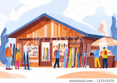 Colorful ski shop illustration with customers browsing and selecting equipment in winter setting 132541670