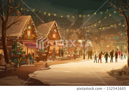 Winter holiday village scene with festive lights and people enjoying the snowy atmosphere Winter holiday village scene with festive lights and people enjoying the snowy atmosphere 132541685