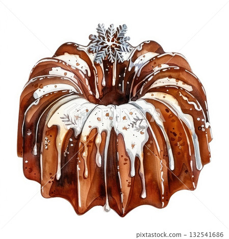 Watercolor illustration of a festive bundt cake with icing and decorative snowflakes on top Watercolor illustration of a festive bundt cake with icing and decorative snowflakes on top 132541686
