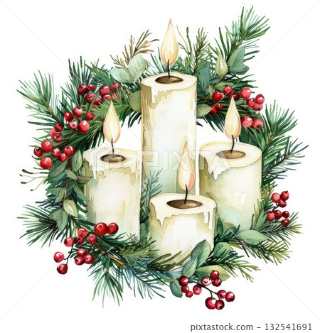 Four lit candles surrounded by festive greenery and red berries for holiday decoration Four lit candles surrounded by festive greenery and red berries for holiday decoration 132541691