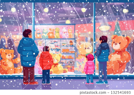 Family admiring colorful toy display in snowy winter scene with festive atmosphere 132541693