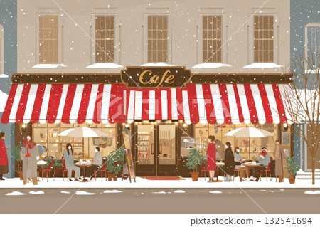 Cozy winter cafe scene with snow, outdoor seating, and festive decorations for a warm atmosphere 132541694
