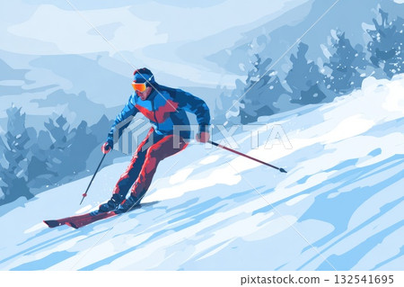 Skier in vibrant outfit gracefully navigating snowy slope in winter landscape with trees Skier in vibrant outfit gracefully navigating snowy slope in winter landscape with trees 132541695