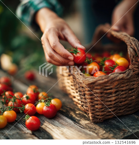 Hands of a woman picking ripe cherry tomatoes from a wicker basket on a rustic wooden table Hands of a woman picking ripe cherry tomatoes from a wicker basket on a rustic wooden table 132541696