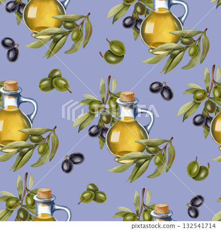 Hand-drawn watercolor seamless pattern with olive oil bottles, green and black olives, and branches. Food illustration. Ideal for kitchen, food, and packaging design. Hand-drawn watercolor seamless pattern with olive oil bottles, green and black olives, and branches. Food illustration. Ideal for kitchen, food, and packaging design. 132541714