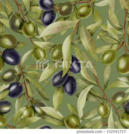 Olive Branches. A seamless watercolor pattern with hand-drawn green and black olive branches and leaves. Perfect for fabric, packaging and design, menus, and kitchen textiles. Olive Branches. A seamless watercolor pattern with hand-drawn green and black olive branches and leaves. Perfect for fabric, packaging and design, menus, and kitchen textiles. 132541717