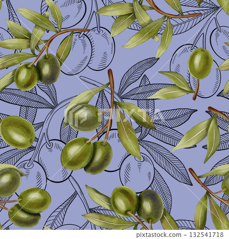 A seamless watercolor pattern with hand-drawn green olives, olive branches, and leaves. Green olives and a black outline. Food illustration. Perfect for fabric, packaging, and design. A seamless watercolor pattern with hand-drawn green olives, olive branches, and leaves. Green olives and a black outline. Food illustration. Perfect for fabric, packaging, and design. 132541718