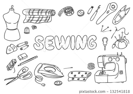 Sewing tools and accessories arranged around the word sewing in hand drawn style, including sewing machine, mannequin, scissors. Represents creativity, fashion design and handmade craft concept 132541818