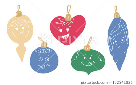 Set of colorful Christmas ornaments with cute facial expressions in hand drawn style. Represents festive mood, winter celebration and joyful holiday spirit concept Set of colorful Christmas ornaments with cute facial expressions in hand drawn style. Represents festive mood, winter celebration and joyful holiday spirit concept 132541825