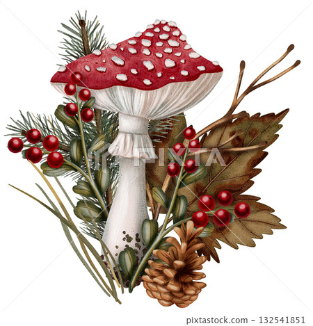 Watercolor illustration of an autumn forest, fly agarics, autumn leaves, berries, pine cones, and snails. Autumn. Children's illustration. Suitable for books, packaging, and postcards. Watercolor illustration of an autumn forest, fly agarics, autumn leaves, berries, pine cones, and snails. Autumn. Children's illustration. Suitable for books, packaging, and postcards. 132541851