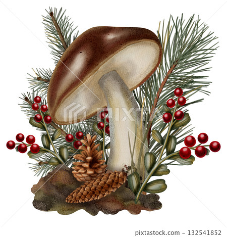 Watercolor illustration of an autumn forest, porcini mushrooms and autumn leaves, berries, and pine cones. Autumn still life. Children's illustration. Suitable for books, packaging, postcards. Watercolor illustration of an autumn forest, porcini mushrooms and autumn leaves, berries, and pine cones. Autumn still life. Children's illustration. Suitable for books, packaging, postcards. 132541852