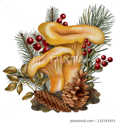 Watercolor illustration of autumn forest chanterelle mushrooms with autumn leaves and a pine cone. Children's illustration. Suitable for books, packaging, postcards and children's clothing. Watercolor illustration of autumn forest chanterelle mushrooms with autumn leaves and a pine cone. Children's illustration. Suitable for books, packaging, postcards and children's clothing. 132541853