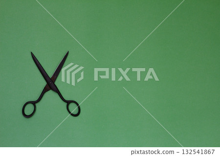 Single old soviet scissors isolated on green background Single old soviet scissors isolated on green background 132541867