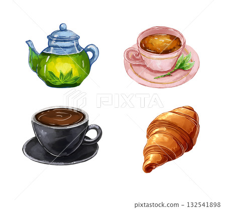 Watercolor illustrations for a cafe. Tea and coffee set, croissant. Menu elements. Watercolor illustrations for a cafe. Tea and coffee set, croissant. Menu elements. 132541898