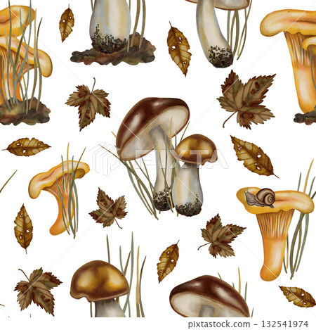 Hand-painted watercolor seamless pattern with chanterelle mushrooms, boletes, autumn leaves, and snails. Children's illustration. Suitable for books, packaging, cards, and children's clothing 132541974