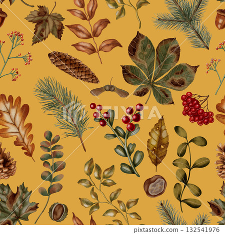 Autumn pattern. Seamless watercolor pattern of autumn leaves, berries, pine needles, and branches. Autumn still life. Children's illustration. Suitable for books, packaging, cards 132541976