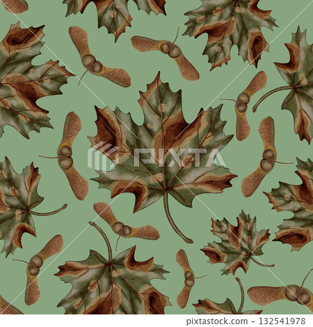 A seamless hand-drawn pattern featuring maple leaves and seeds in earthy autumn tones. Autumn still life. Children's illustration. Suitable for books, packaging, cards, and children's clothing A seamless hand-drawn pattern featuring maple leaves and seeds in earthy autumn tones. Autumn still life. Children's illustration. Suitable for books, packaging, cards, and children's clothing 132541978
