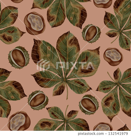 Seamless pattern with watercolor chestnuts and green-brown horse chestnut leaves. Autumn still life. Children's illustration. Suitable for books, packaging, cards, and children's clothing Seamless pattern with watercolor chestnuts and green-brown horse chestnut leaves. Autumn still life. Children's illustration. Suitable for books, packaging, cards, and children's clothing 132541979