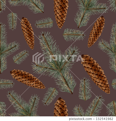 Cozy winter-themed seamless pattern with pine branches and cones. Autumn pattern. Watercolor. Autumn still life. Children's illustration. Suitable for books, packaging, cards, and children's clothing Cozy winter-themed seamless pattern with pine branches and cones. Autumn pattern. Watercolor. Autumn still life. Children's illustration. Suitable for books, packaging, cards, and children's clothing 132541982