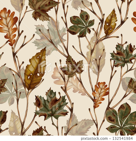 Hand-painted watercolor seamless pattern with fall leaves. Autumn pattern. Autumn still life. Children's illustration. Suitable for books, packaging, cards, and children's clothing 132541984