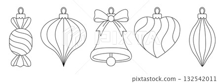 Assorted Christmas Ornament Shapes including candy, bell, heart and elongated decoration. Coloring vector set for holiday window decoration, Christmas card making, paper craft, and seasonal art class 132542011