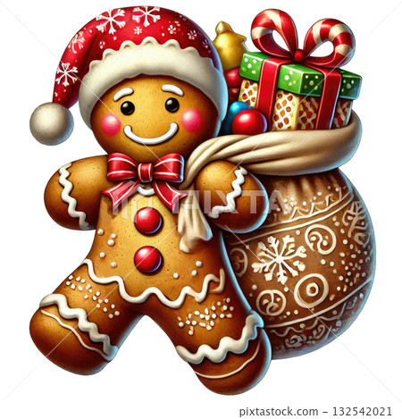 Gingerbread man with Santa hat and gift bag, white isolated background. 132542021