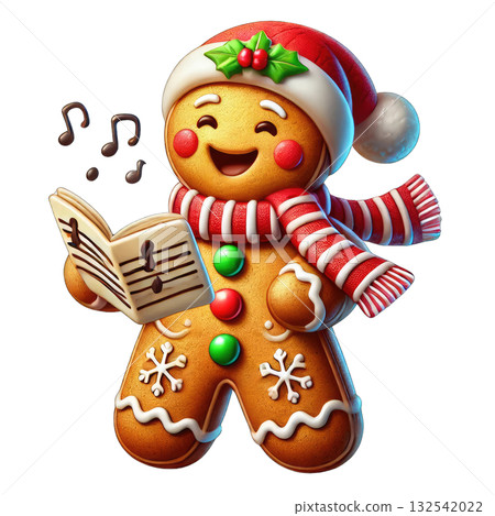 Happy gingerbread man singing carols, festive attire, isolated background. Happy gingerbread man singing carols, festive attire, isolated background. 132542022