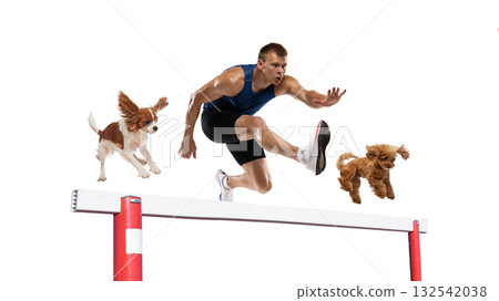 Sprinter hurdling beside two dogs in surreal synchronized motion collage on white background 132542038