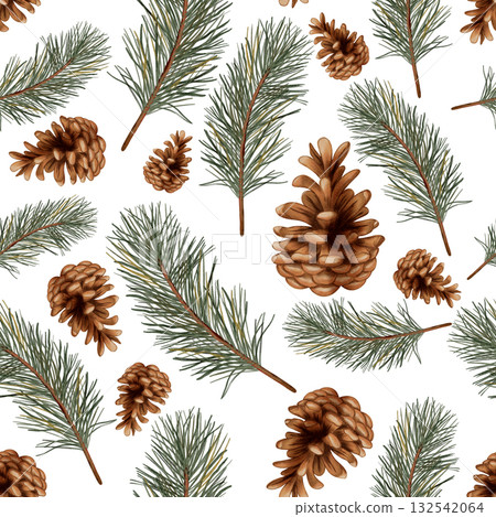 Cozy winter-themed seamless pattern with pine branches and cones. Autumn pattern. Watercolor. Autumn still life. Children's illustration. Suitable for books, packaging, cards, and children's clothing Cozy winter-themed seamless pattern with pine branches and cones. Autumn pattern. Watercolor. Autumn still life. Children's illustration. Suitable for books, packaging, cards, and children's clothing 132542064