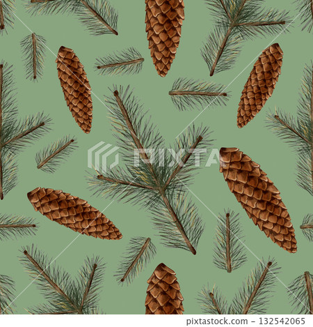 Cozy winter-themed seamless pattern with pine branches and cones. Autumn pattern. Watercolor. Autumn still life. Children's illustration. Suitable for books, packaging, cards, and children's clothing Cozy winter-themed seamless pattern with pine branches and cones. Autumn pattern. Watercolor. Autumn still life. Children's illustration. Suitable for books, packaging, cards, and children's clothing 132542065