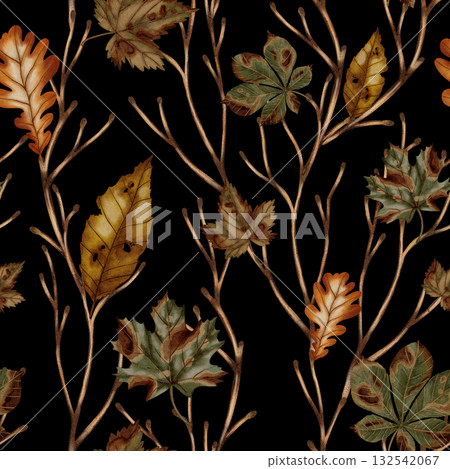 Hand-painted watercolor seamless pattern with fall leaves. Autumn pattern. Autumn still life. Children's illustration. Suitable for books, packaging, cards, and children's clothing 132542067