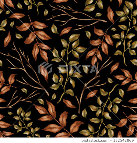 Autumn pattern.Hand-painted watercolor seamless pattern with fall leaves.  Autumn still life. Children's illustration. Suitable for books, packaging, cards, and children's clothing 132542069