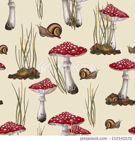 Seamless watercolor pattern with red fly agaric mushrooms, snails, and forest grass. Autumn still life. Children's illustration. Suitable for books, packaging, cards, and children's clothing 132542070