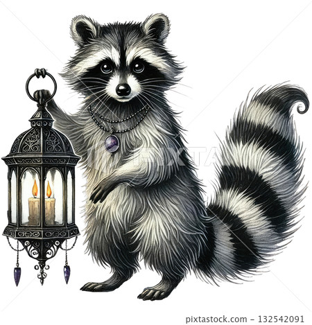 A whimsical raccoon holding a lantern, perfect for adding charm and wonder to your art or design projects. A whimsical raccoon holding a lantern, perfect for adding charm and wonder to your art or design projects. 132542091