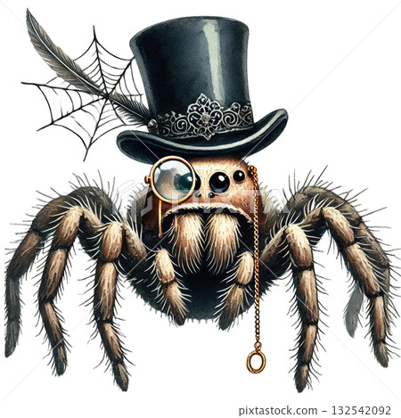 A whimsical spider wearing a classy top hat and monocle, adding a touch of humor and elegance to any design project. 132542092