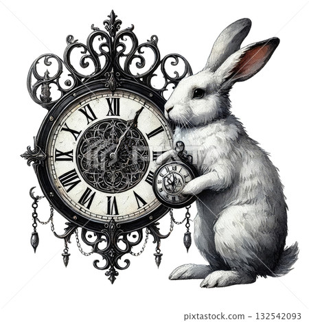 A whimsical white rabbit holding a pocket watch, surrounded by an ornate clock design, evoking a sense of magic and fantasy. 132542093