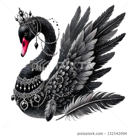 Elegantly adorned black swan with intricate feathers and jewelry, symbolizing beauty and grace in nature. 132542094