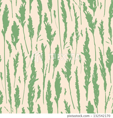 Pampas grass on green seamless pattern. Herbs background for postcards, wallpaper, wrapping paper. 132542170