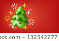 Cute plastic 3d Christmas tree with fireworks on red New Year holiday background 132542277