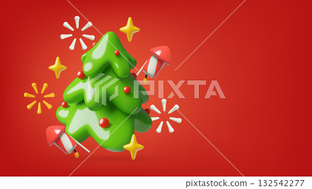 Cute plastic 3d Christmas tree with fireworks on red New Year holiday background 132542277