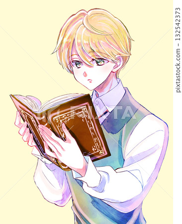 A boy with a noble appearance reading a book; blond hair and blue eyes; a large book. A boy with a noble appearance reading a book; blond hair and blue eyes; a large book. 132542373