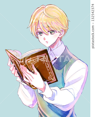 A boy with a noble appearance reading a book; blond hair and blue eyes; a large book. A boy with a noble appearance reading a book; blond hair and blue eyes; a large book. 132542374