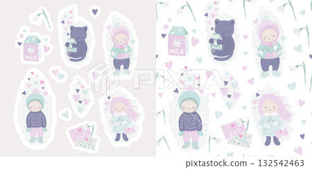 Seamless pattern and stickers set with funny cute characters for Valentine's Day Seamless pattern and stickers set with funny cute characters for Valentine's Day 132542463
