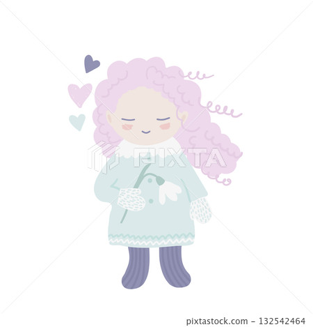 Cute illustration of a girl holding a snowdrop Cute illustration of a girl holding a snowdrop 132542464